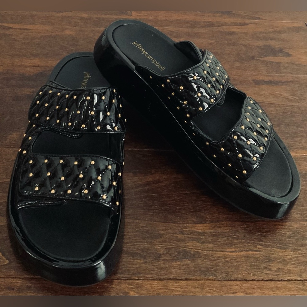 Jeffrey Campbell Scaeva Slide Sandal Black Patent Leather Gold Studs Quilted NEW - Picture 6 of 9